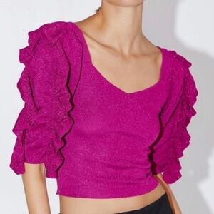 ZARA Magenta Metallic Knit Ruffle Sleeve Top